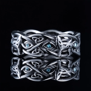 Vintage Celtic Knot Stainless Steel Ring For Men Blue Synthetic Stone Hollow Band Antiqued Finish Unisex Jewelry
