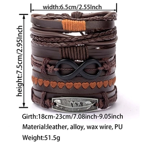 Detail view of multilayer leather bracelet dimensions and materials with feather pendant