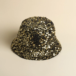 Sparkly gold sequin bucket hat for women with foldable wide brim for stylish party wear