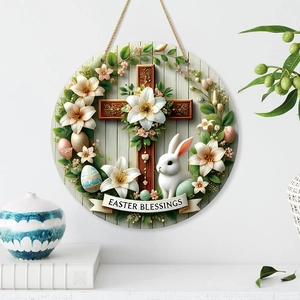 Easter Blessings wooden door sign featuring cross, white lilies, and bunny decoration