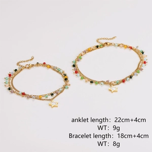 Colorful layered star beaded anklet and bracelet set with golden metal chains