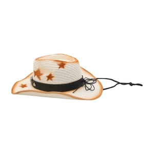 Detail of western cowboy straw hat showing star print patterns and adjustable chin strap