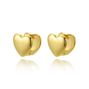 Elegant gold heart-shaped huggie earrings with polished finish on white background