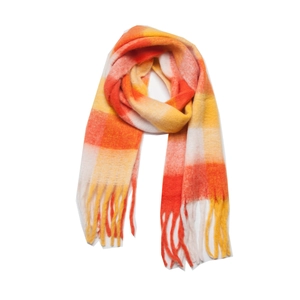 Cozy mohair-like plaid scarf in warm orange and yellow with thick fringe