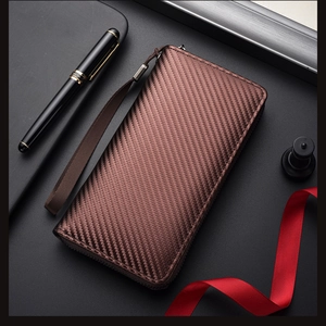 Business style long wallet with brown carbon fiber texture and wrist strap detail