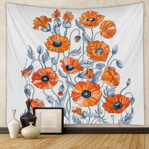 Detailed view of bohemian floral tapestry with orange poppies on a minimalist white wall