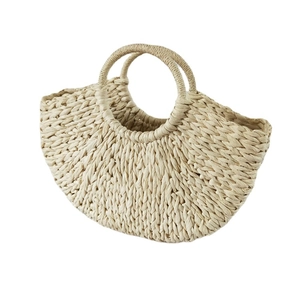 Handmade semi-circle straw handbag in natural beige woven paper rope style