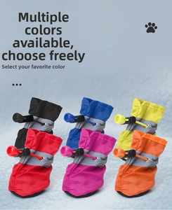 Waterproof reflective dog boots with non-slip rubber soles in six vibrant colors