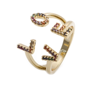 Adjustable golden LOVE ring with colorful cubic zirconia stones on white background