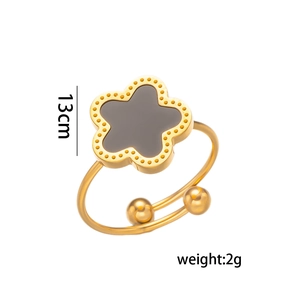 Golden five-leaf flower open ring with black inlay, 13cm size and 2g weight details