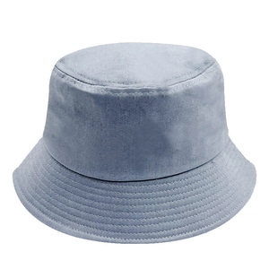 Classic light blue cotton bucket hat with premium stitching details on white background