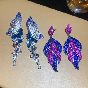 Luxury water drop pendant earrings with silver needle and colorful zircon crystals