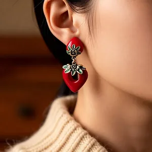Vintage strawberry heart drop earrings with red enamel and gold leaves for women