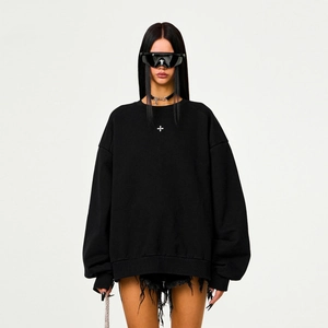 Women Cotton Sweatshirt Crew Neck Long Sleeve Oversized Streetwear Cross Print Side Zipper Loose Fit Top