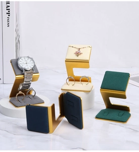 L-shaped velvet jewelry stands with gold metal frames for watches and rings in four colors