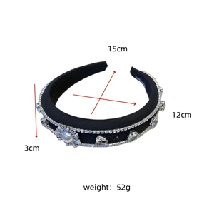 Detailed view of rhinestone headband dimensions 15cm x 12cm x 3cm weighing 52g
