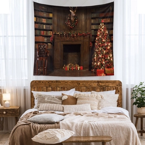 Detail of bohemian Christmas tapestry featuring a vintage fireplace and decorated tree