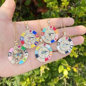 Evil Eye Pendant Necklace Round Copper Stainless Steel Colorful Enamel Lucky Symbols Zircon Inlaid Jewelry