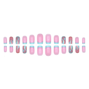 Set of 24 short oval press-on nails with pink base, blue French tips, and abstract swirls