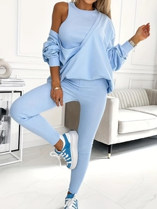 Women's 3-piece light blue ribbed lounge set with sleeveless top, sweater and high waist pants