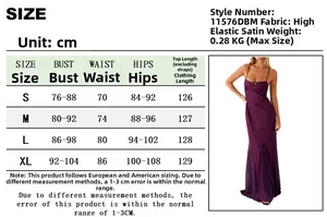 Size chart for slim fit high stretch satin maxi dress with detailed measurements in cm