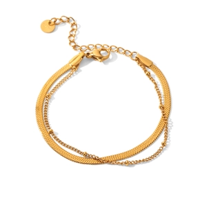 Double-layered gold stainless steel bracelet featuring a flat herringbone chain and bead accents