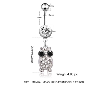Polished stainless steel owl navel ring with white zircons and black crystal eyes