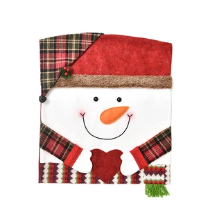 Snowman Christmas chair cover with red hat and green fringe for holiday home decoration