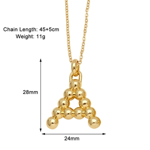 Detail showing dimensions of letter A pendant and gold chain with measurements