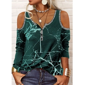 Dunkelgrünes Schulterfreies Langarmshirt mit Marmorprint und silbernen Pailletten
