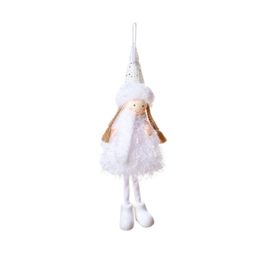 White plush Christmas angel ornament with soft faux fur dress and hanging string decor