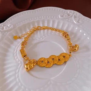 New Chinese Style Gold Plated Copper Bracelet Gourd Ancient Coins Lucky Charm Ethnic Retro Elegant Jewelry For Women