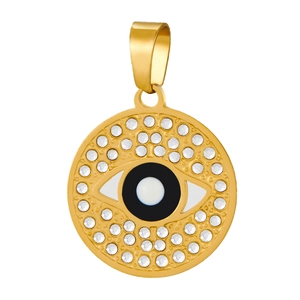 Macro shot of gold plated evil eye pendant with sparkling crystals and metal finish