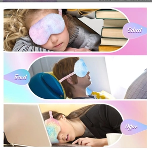 Rainbow plush eye mask shown in school, travel, and office sleep settings