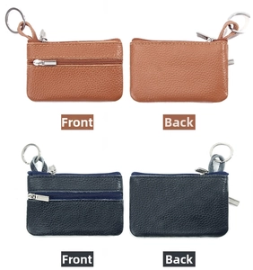 Detail view of genuine leather coin pouch showing front and back with metal zipper key ring