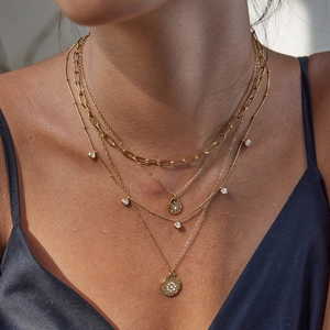Classic 18K gold plated stainless steel layered necklace with sunburst and teardrop pendants