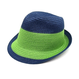 Two-tone blue and green woven straw jazz hat with upturned brim for summer beach