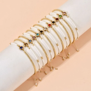 Handmade Woven Rope Adjustable Bracelet With Stainless Steel Beads And Colorful Cubic Zirconia Bohemian Jewelry Women