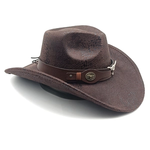 Detail of snake pattern texture on dark brown western cowboy hat with bull head emblem