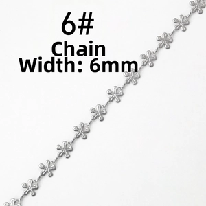 Detailed macro view of 6mm wide silver stainless steel flower chain links for DIY projects