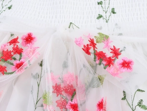 Gros plan sur un tissu en maille blanche avec broderies de fleurs roses et feuilles vertes