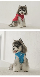 Detail of corduroy pet vests in red and blue with plush lining and white buttons