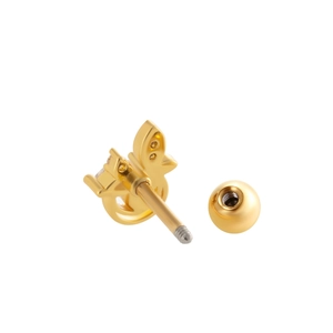 Golden stud earring with zirconia and secure screw back ball closure on white backdrop