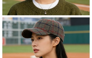 Close-up of retro plaid wool baseball cap with vintage embossed pendant necklace