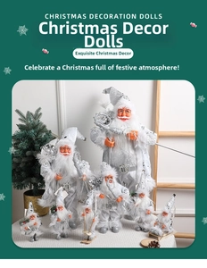 Detailed view of assorted silver Santa Claus figurines with faux fur and sequin accents