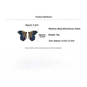 Detailed size parameters of blue and green woven butterfly earrings with rhinestones
