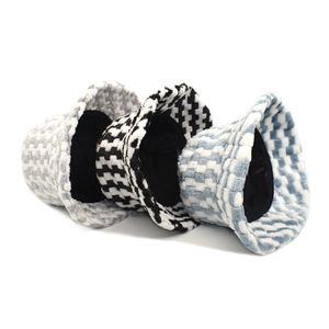 Winter faux fur checkerboard bucket hats in black, grey, and blue plaid plush patterns