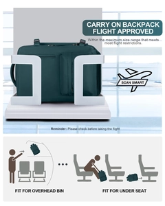 Mochila de viaje grande en medidor de equipaje con diagramas para compartimentos de avión