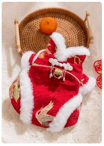 Detail of red pet Tang suit with golden crane embroidery and plush white collar accents