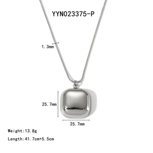 Detailed dimensions of minimalist square pendant necklace in polished stainless steel